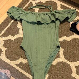 Girls' Green Ruffled One-Piece Swimsuit